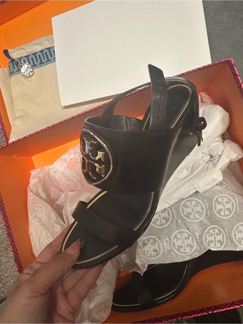 Tory Burch Black Leather Wedge Sandals with Gold Logo Medallion